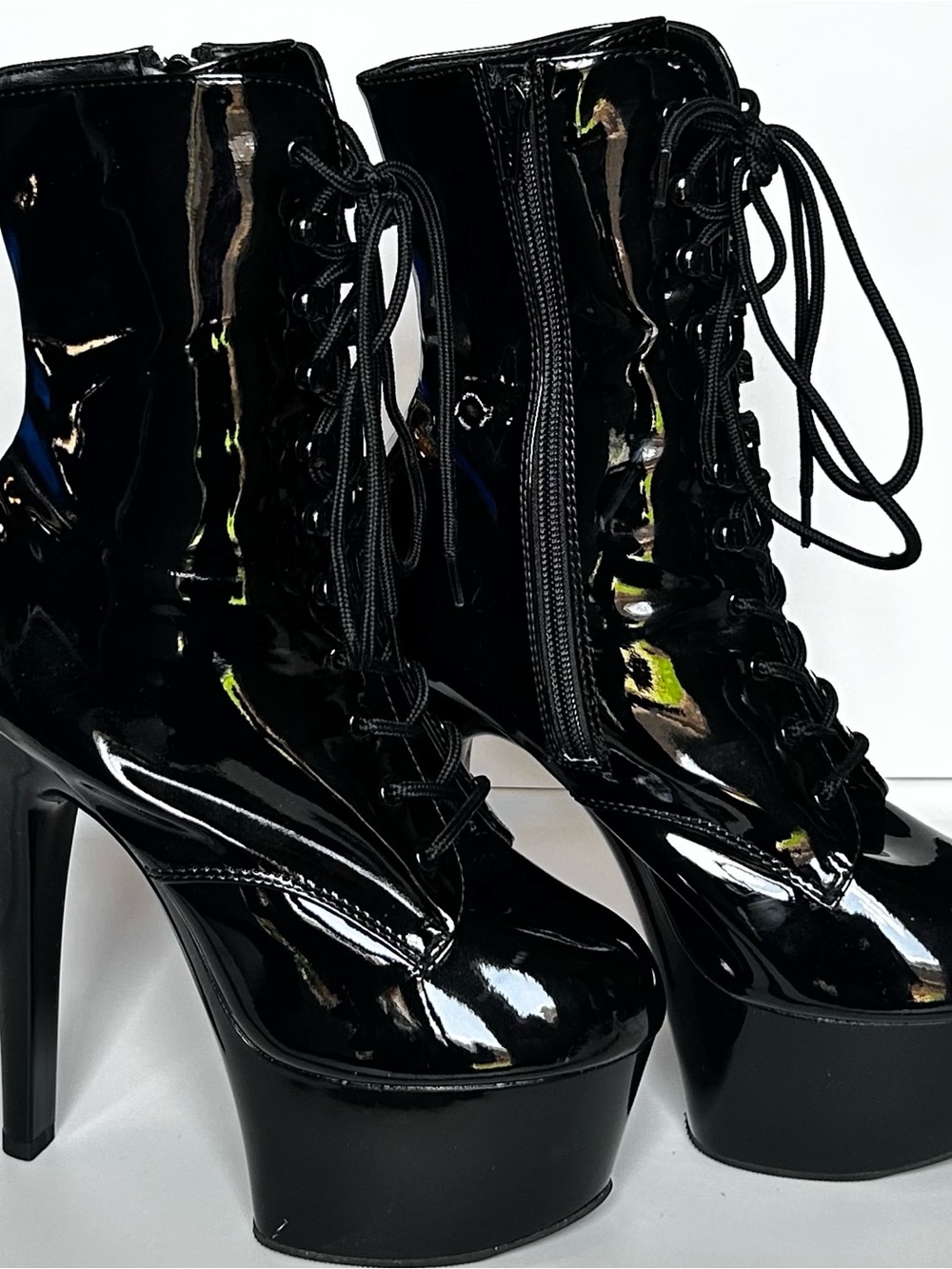 Patent Black Platform Lace-Up Ankle Boots with Side Zip Size 8